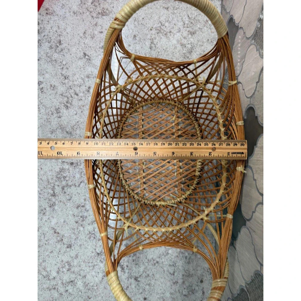 Vintage Wicker Basket Oval Open Weave Lattice Rattan Style Double Handle Brown